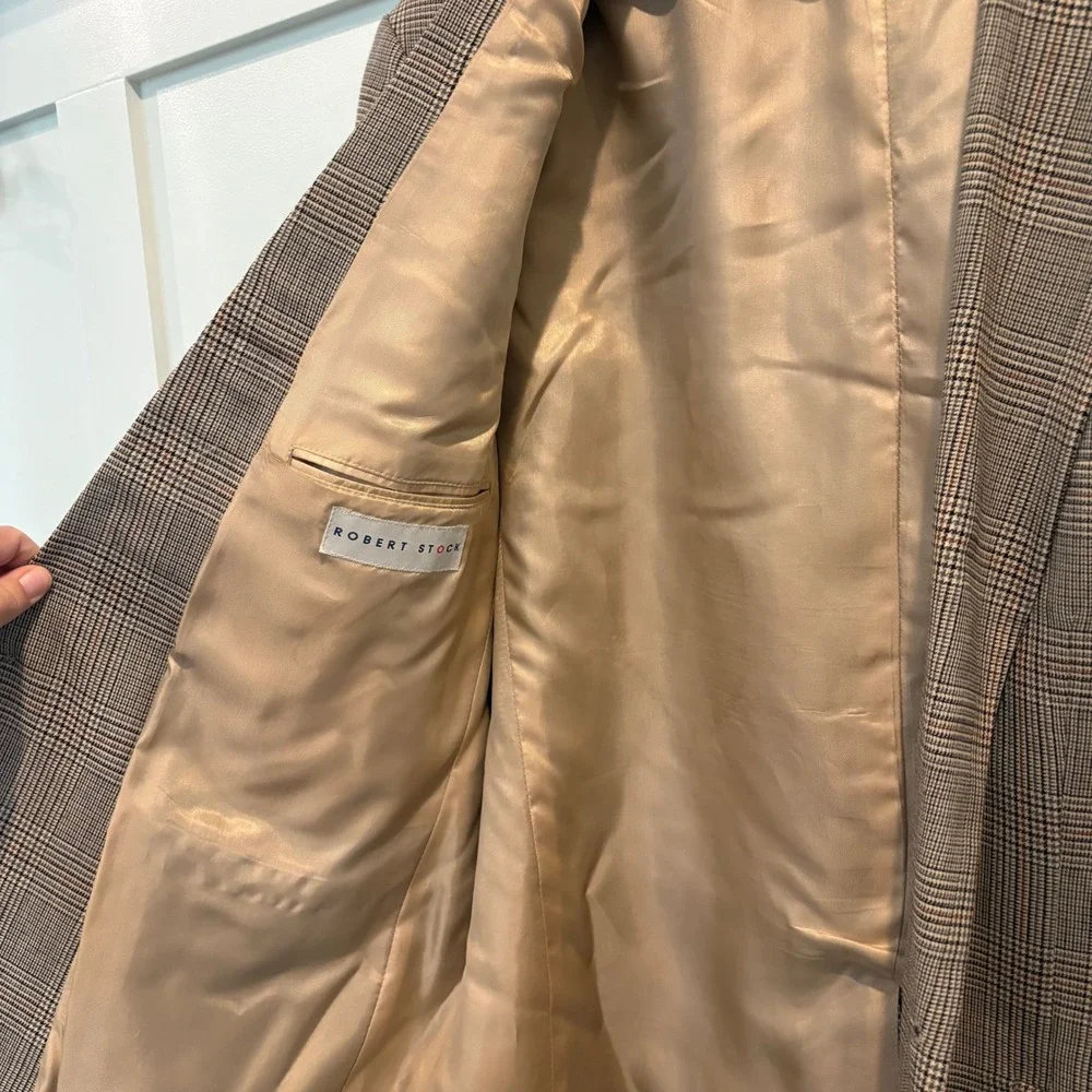 Men's Robert Stock Tan Glen Plaid Sport Coat Blazer 46L Long Wool Blend